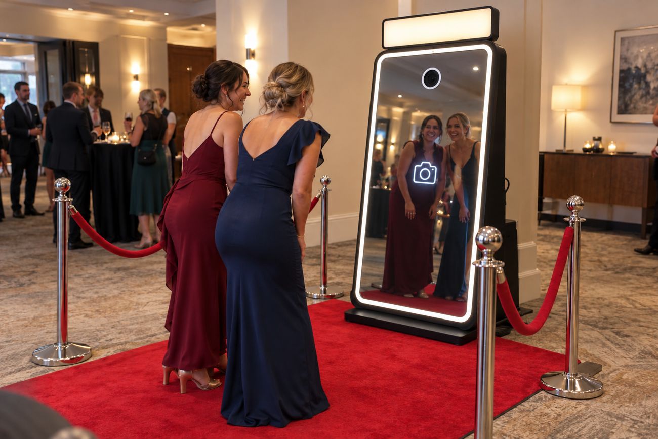 Deux invitées qui posent devant le miroir booth sur tapis rouge